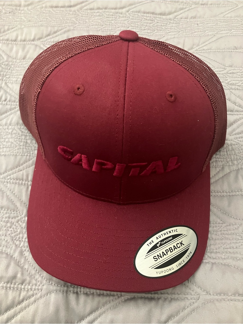 Capital Embroidered Mesh Snapback Hat - Burgundy
